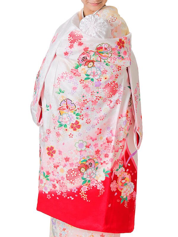 UG-3002 / 白地に裾が赤、鼓と鈴、鶴、鞠、雪輪のお宮参り産着（祝い着・掛け着） 女の子 正絹