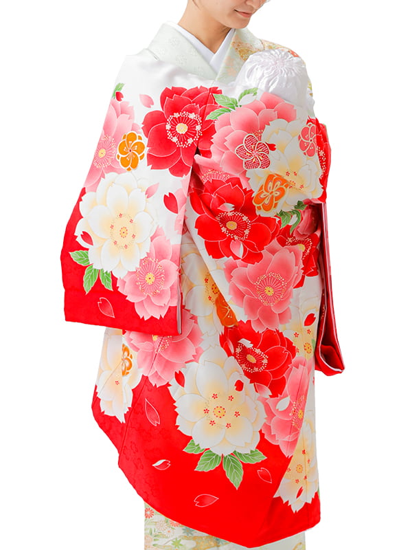 UG-Y01 / 赤地に大きな八重桜のお宮参り産着（祝い着・掛け着） 女の子 ポリエステル