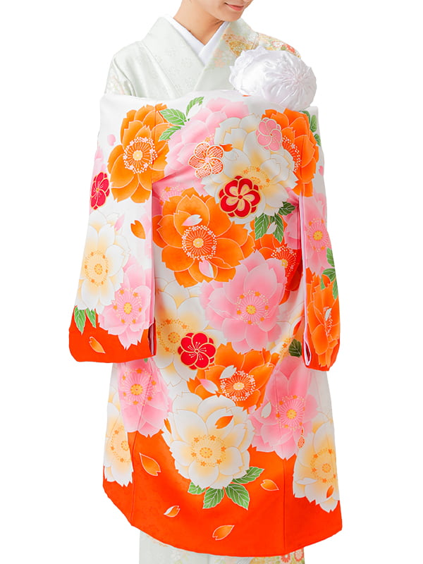 UG-Y02 / 橙地に大きな八重桜のお宮参り産着（祝い着・掛け着） 女の子 ポリエステル