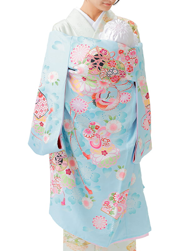 UG-Y06 / 水色地に鼓と鶴のお宮参り産着（祝い着・掛け着） 女の子 ポリエステル